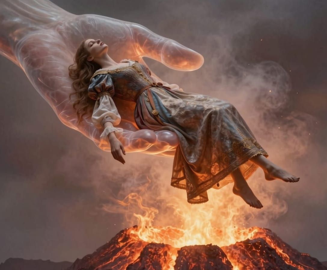 Medieval Woman Levitates Over Volcano, Cradled by Divine Han...