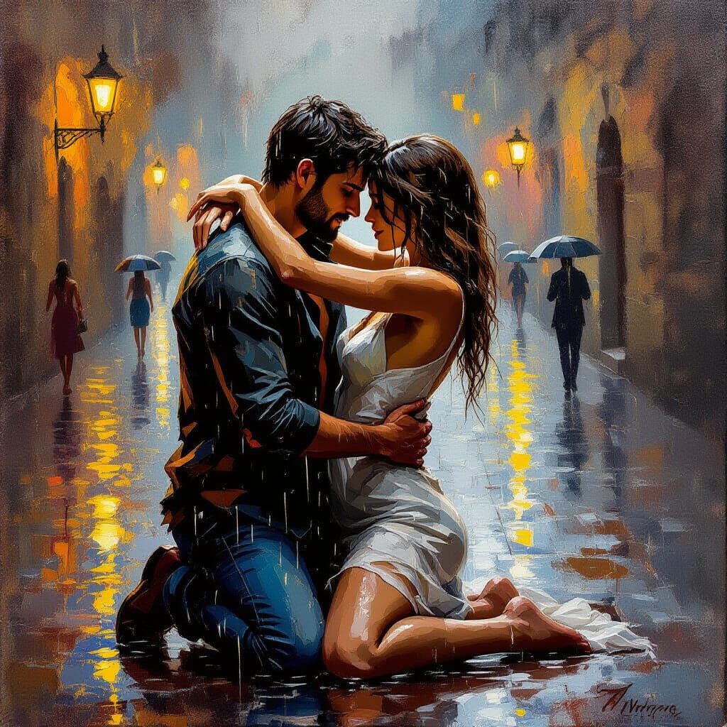 Passionate Embrace in Rain, Impasto Oil Painting
