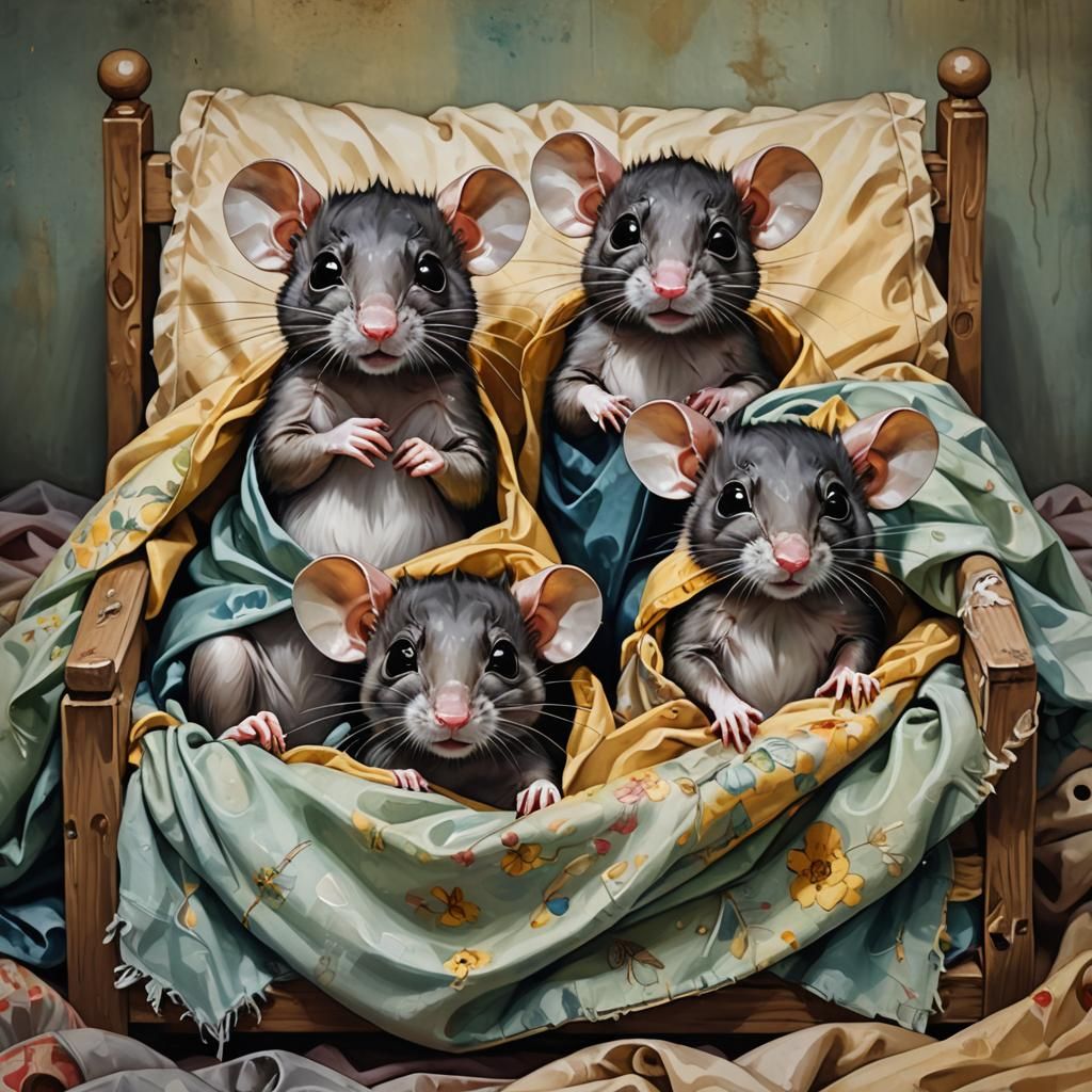 Cute Baby Rats in Bed, Hyperrealistic Splash Art