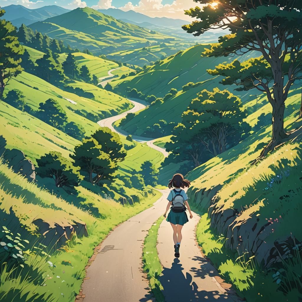 Girl Running Through Sunny Hills: Anime Style