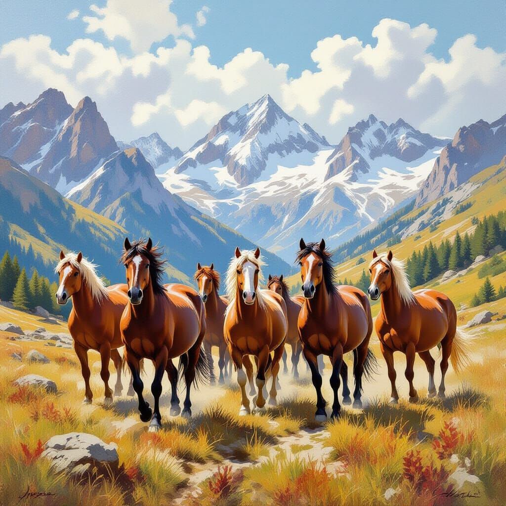 Pottok Horses in Pyrenees Mountains, Realist Painting