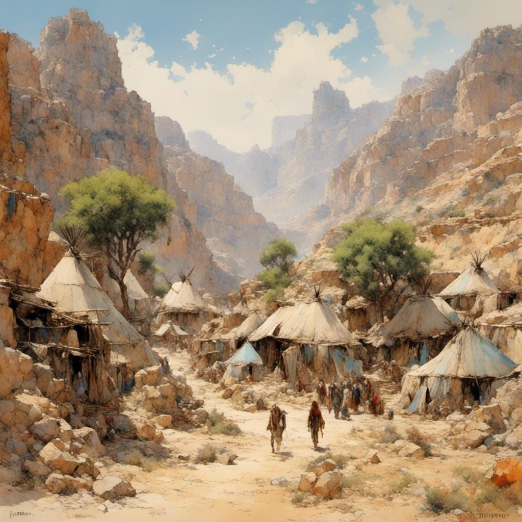 Native American Village in Desert Canyon, Oil Painting