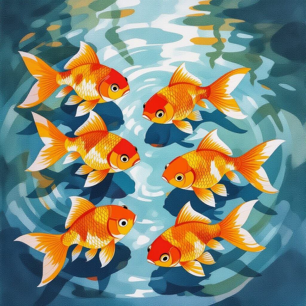 Cubist Goldfish in Pond, Watercolor Style