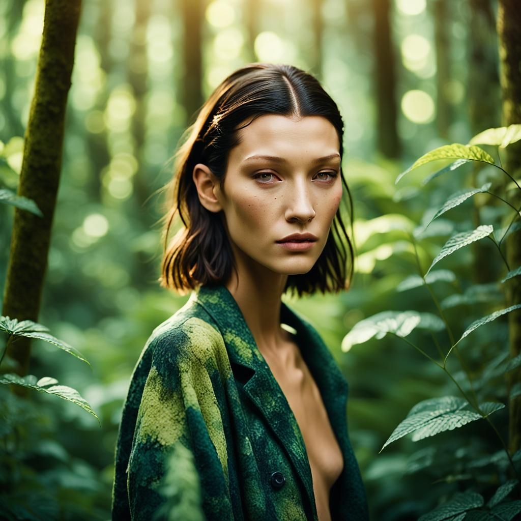 Bella Hadid Portrait in Forest with Bokeh Effect