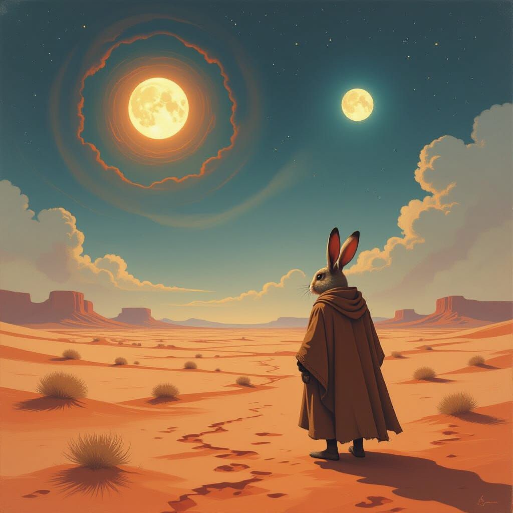 Rabbit in Alien Desert Under Swirling Nebulae Sky