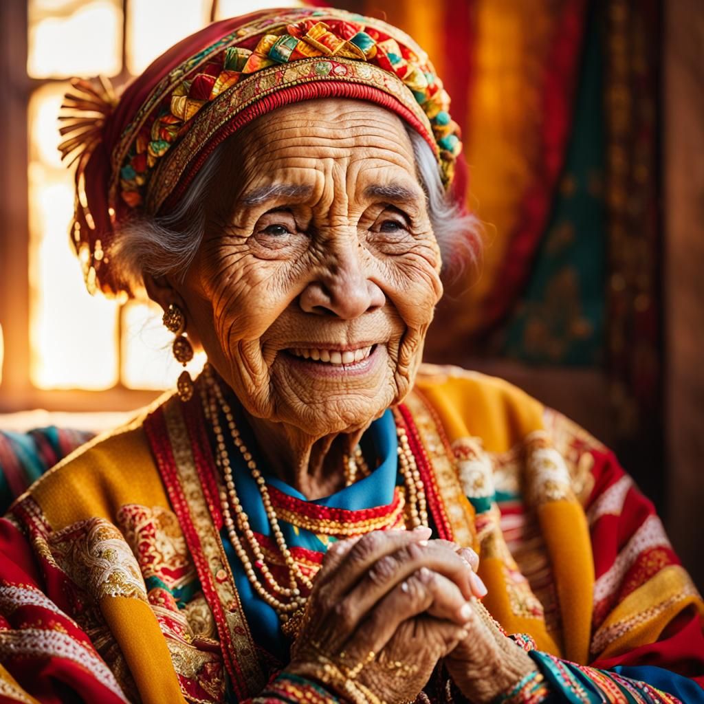 Peruvian Woman Portrait with Golden Embroidery in Photo-Real...