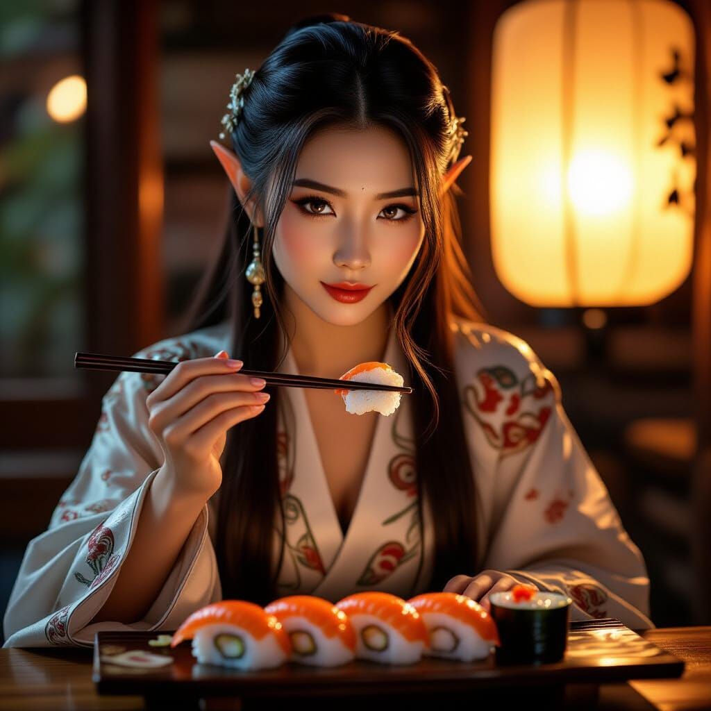 Asian Elf Woman Eating Sushi With Chopsticks In Soft Light