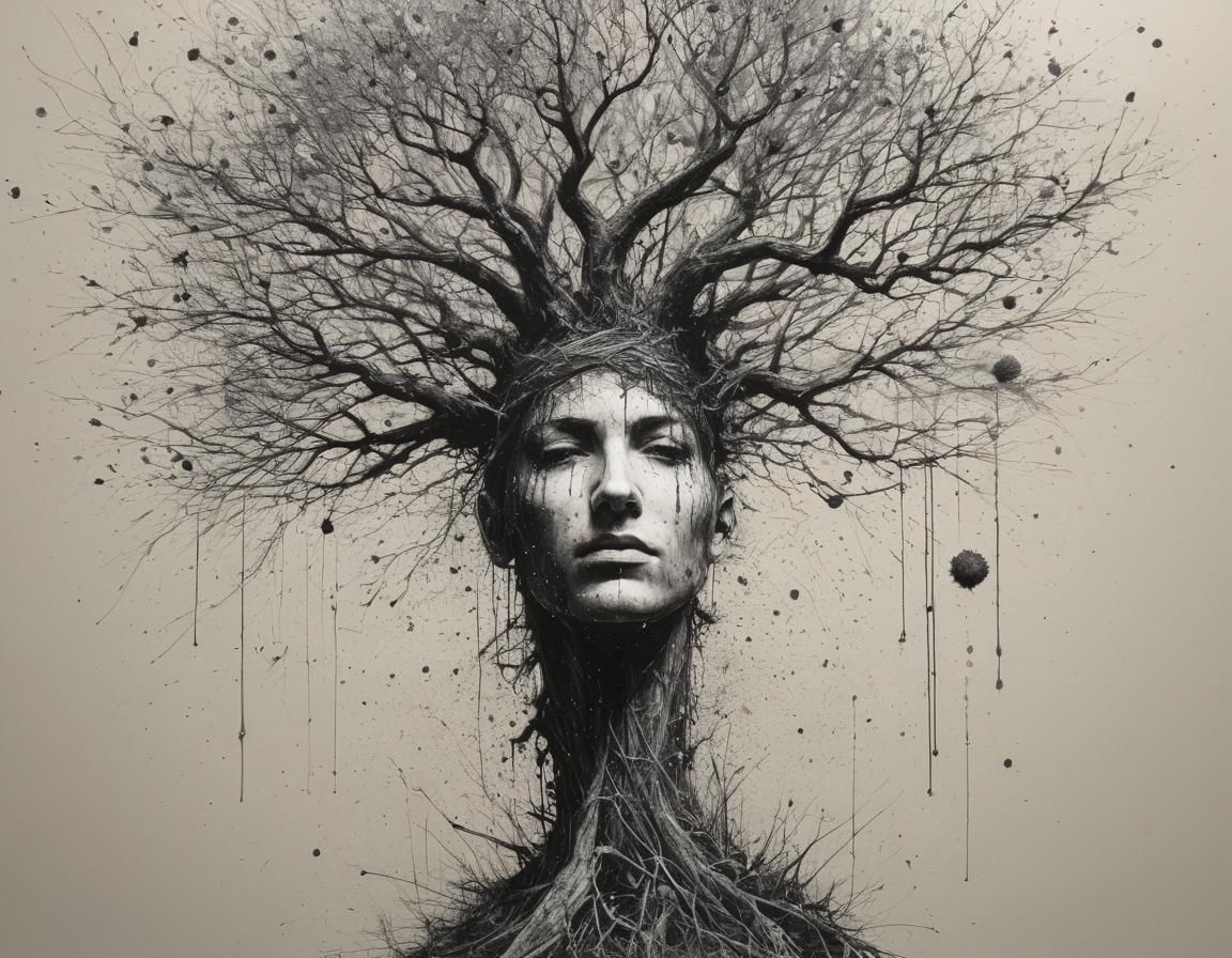 Ethereal Ink Drawing of a Tree in a Splatter Art Style