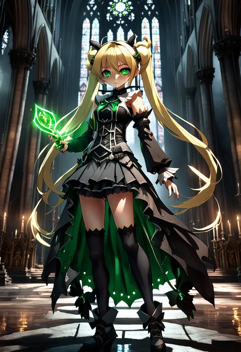 Blonde twin tails haired anime magical girl with green eyes, standing in a dark Gothic cathedral, 4k resolution