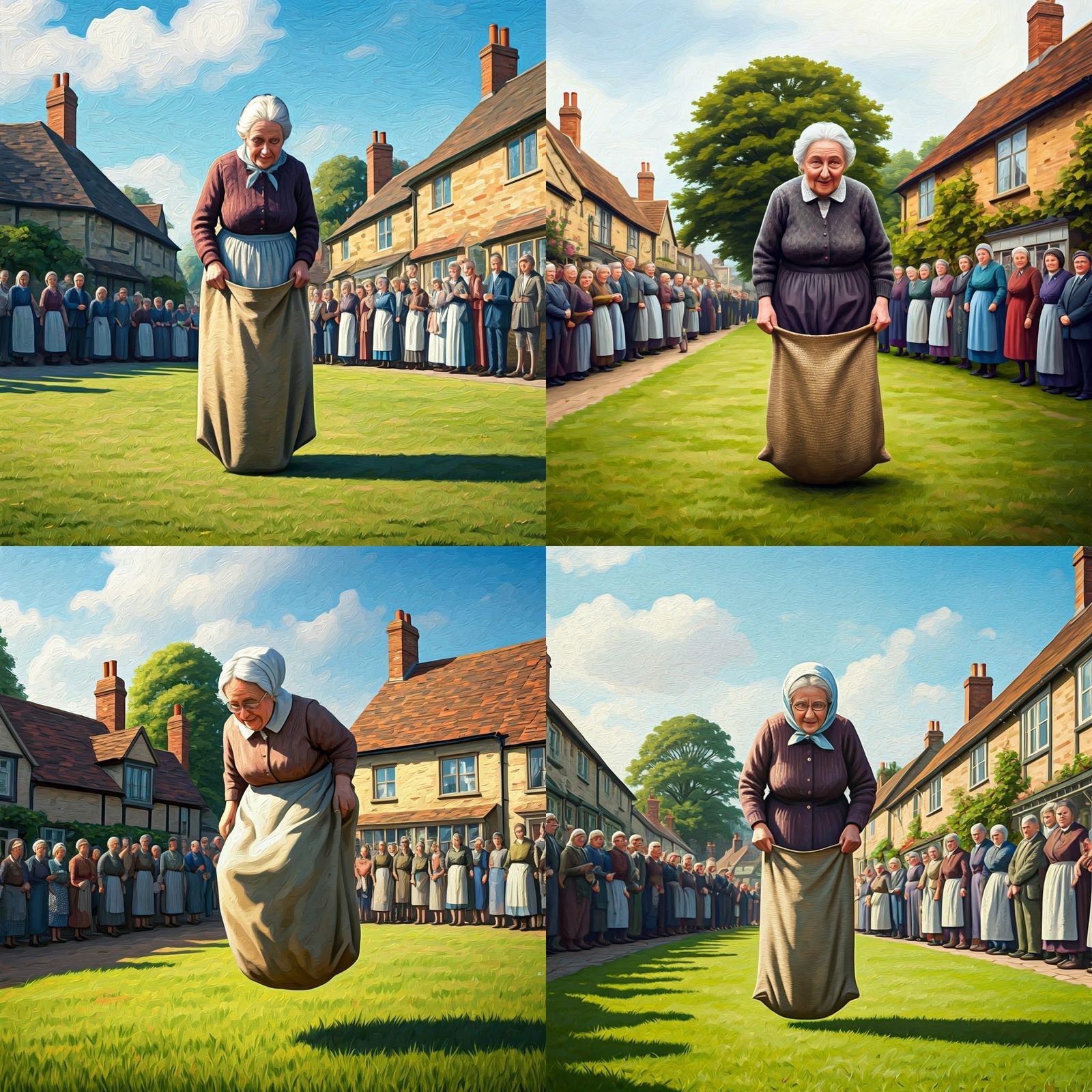 Village Bag Race: Surreal Gouache Impressionist Painting