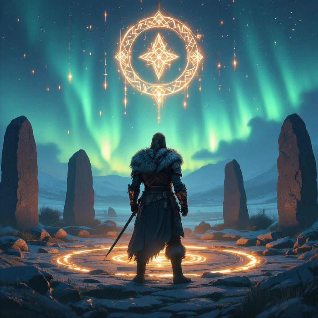 Nordic Warrior Gazes at Aurora Borealis