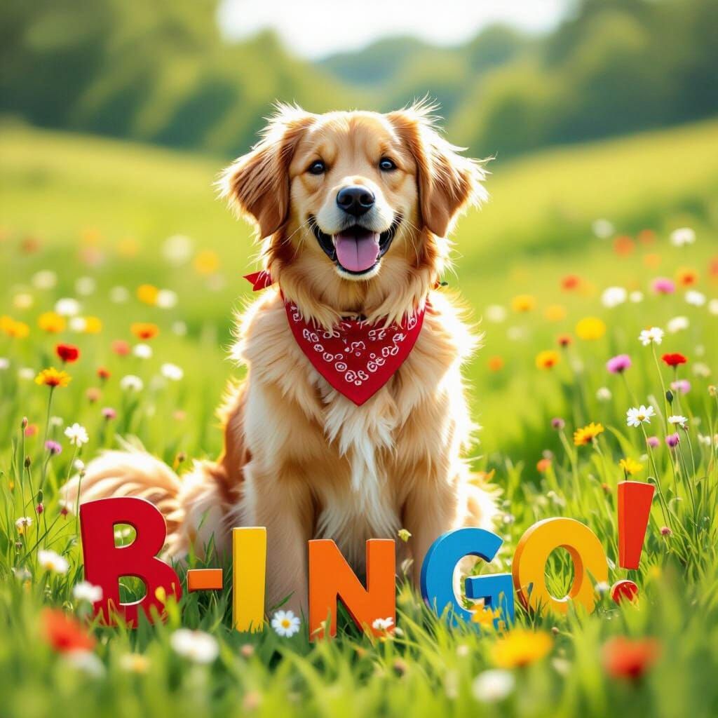 Joyful Golden Retriever Bingo in Wildflower Field Illustrati...