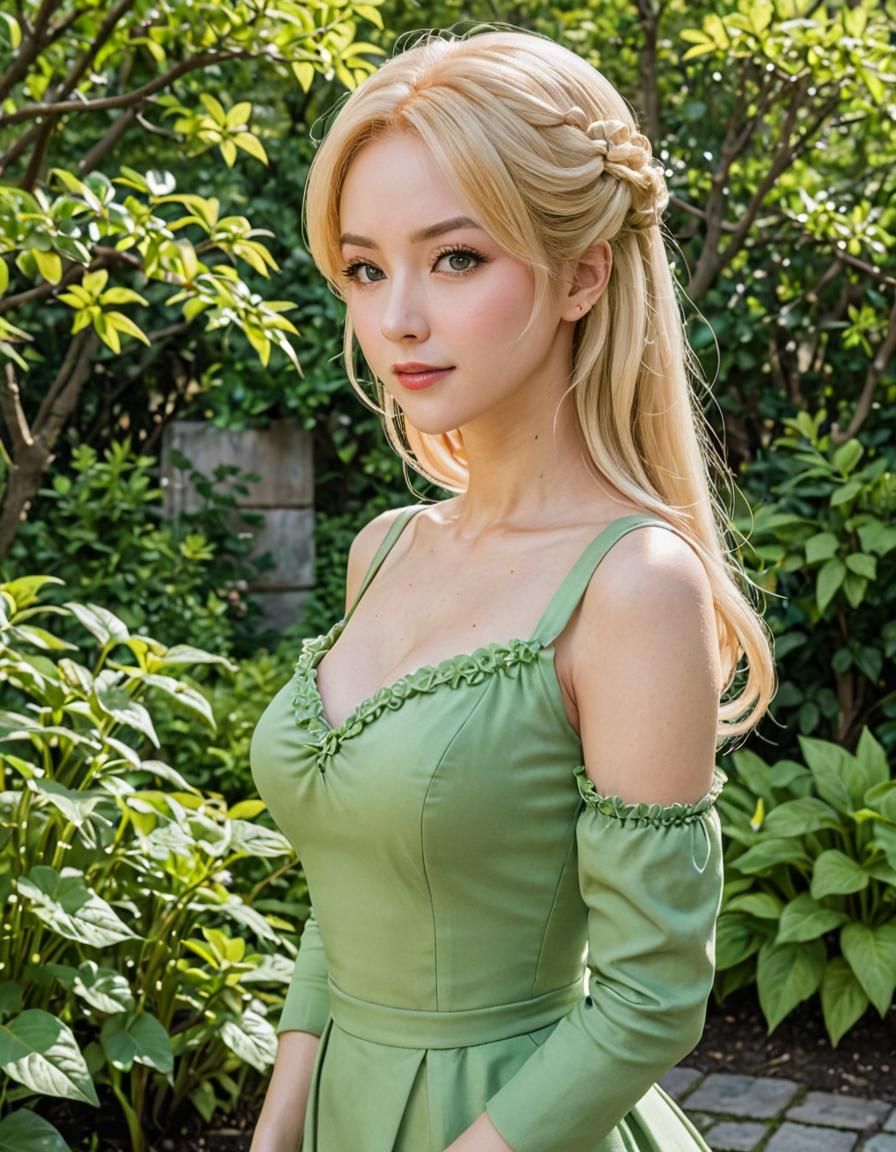 Elegant Blonde Woman in Garden, Shojo Anime Style