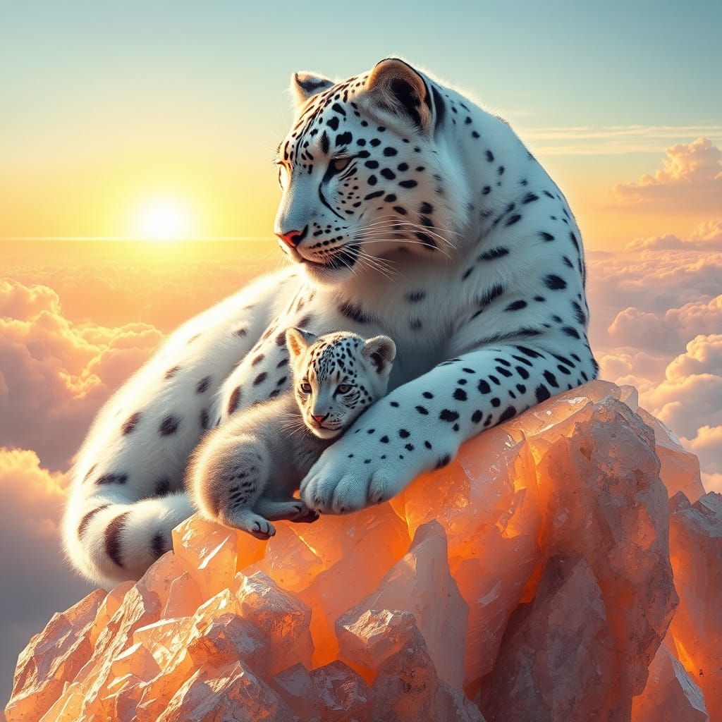 Snow Leopard Mother and Cub at Sunrise