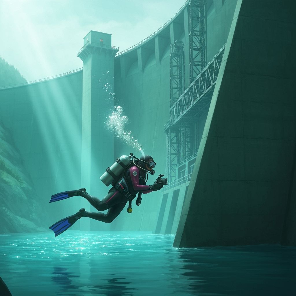 Scuba Diver Beside Majestic Dam in Digital Art Style