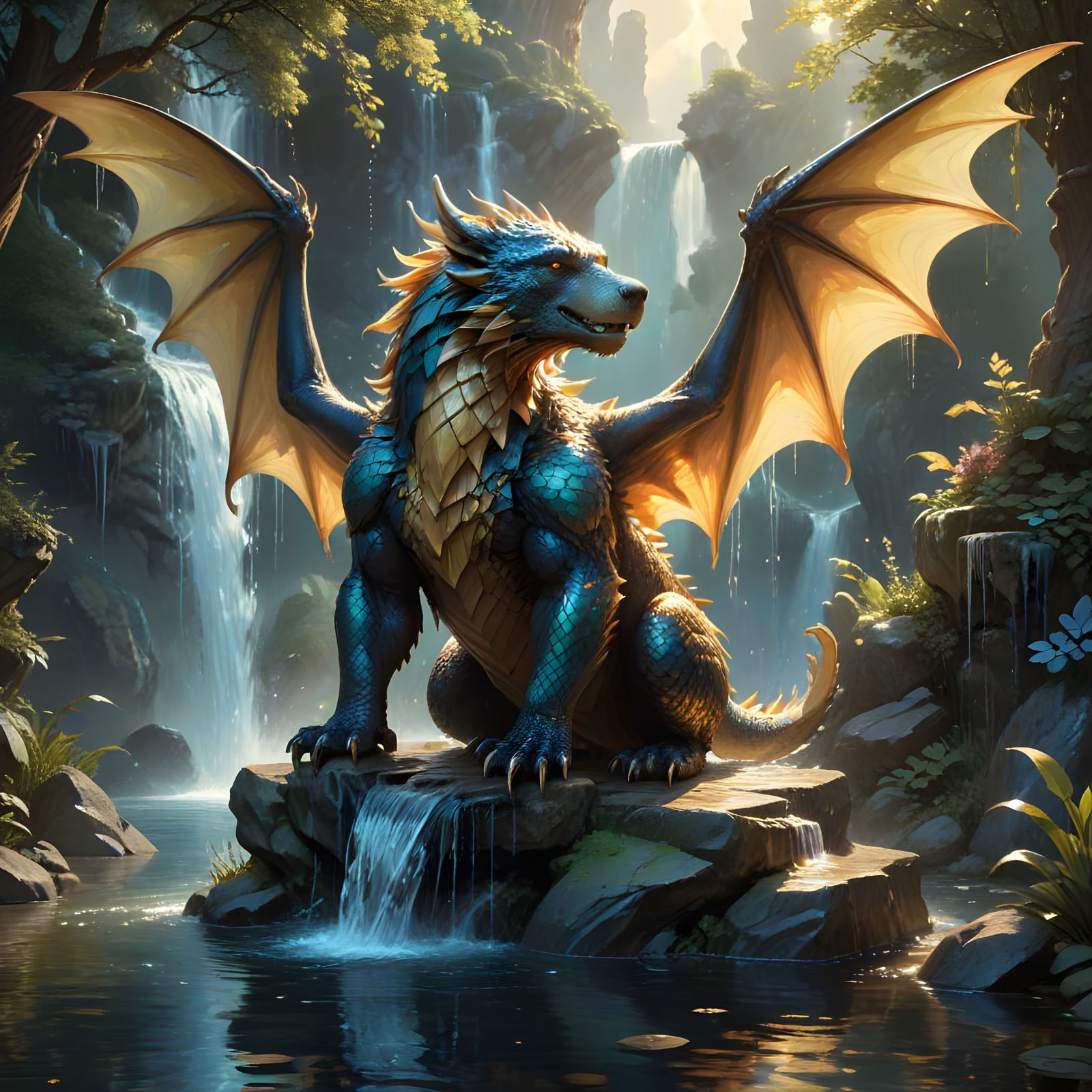 Majestic Bear Dragon Drinks from Celestial Fountain