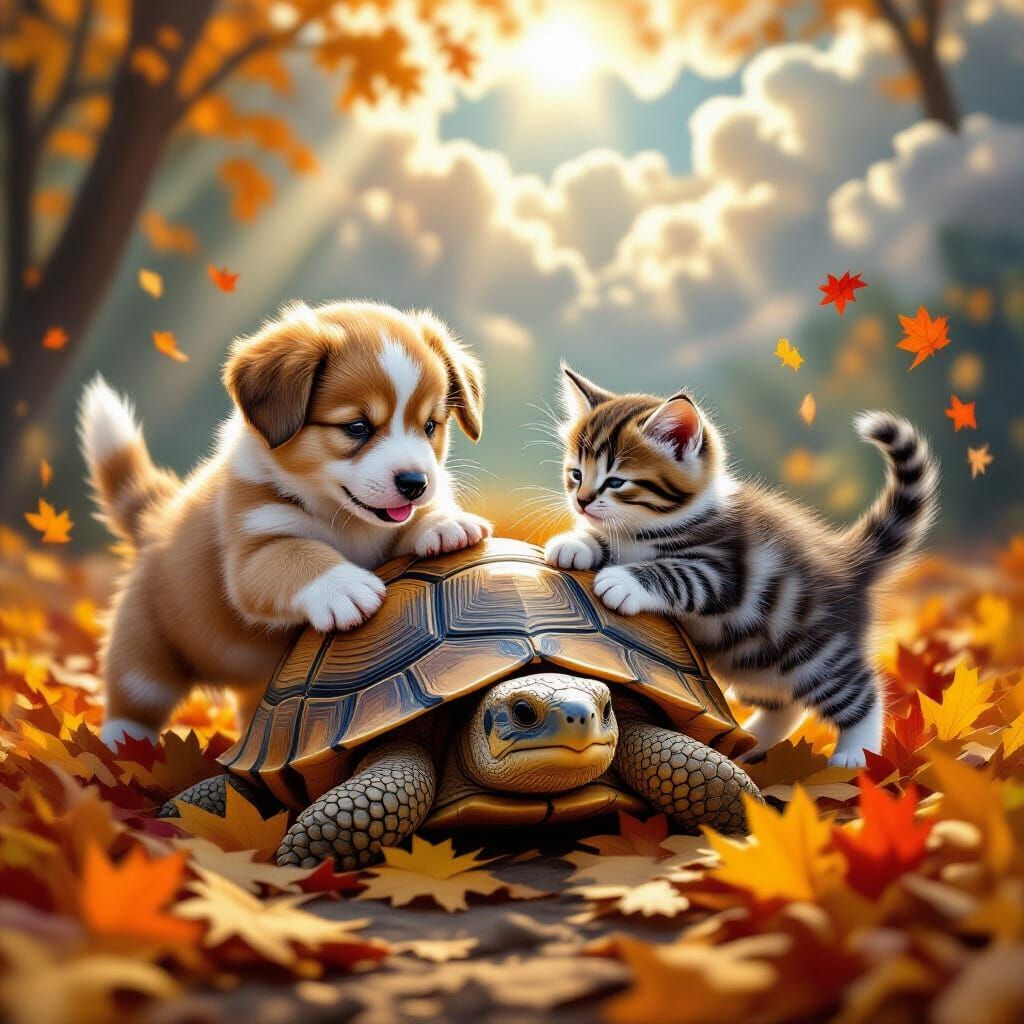 Puppy, Kitten, and Tortoise in Autumn Leaves