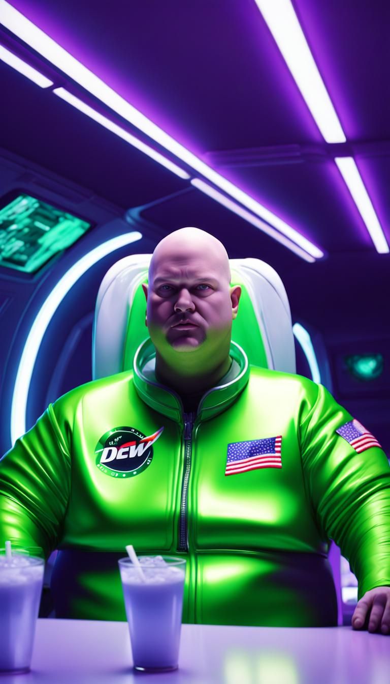 Futuristic Bald Man in Neon Lights Drinking Soda