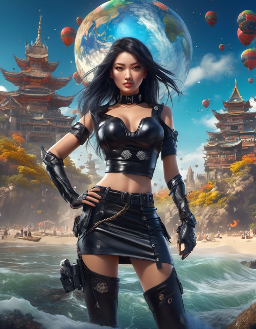 Asian Woman in Police Uniform on Beach