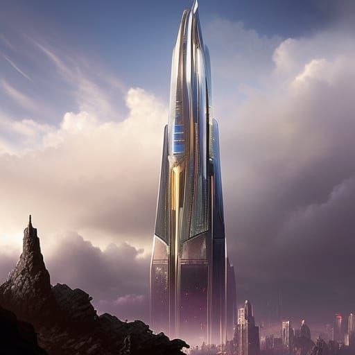 Futuristic Tower Ascends Through Dreamy Clouds