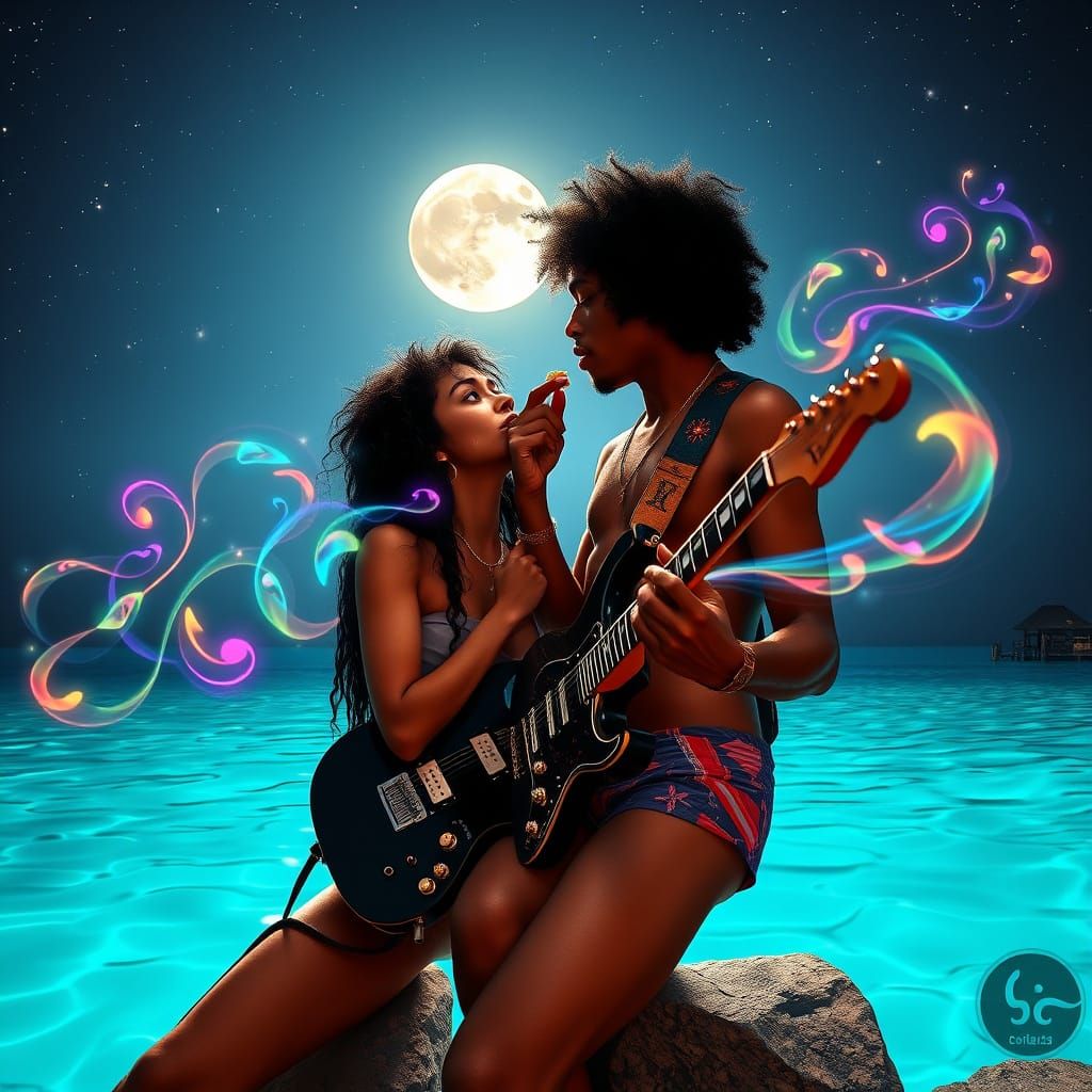 Musicians Embrace Under Starry Sky by Turquoise Lagoon
