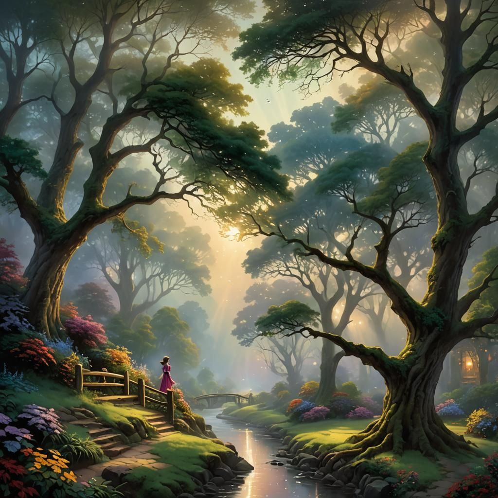 Ethereal Fantasy Scene at Dawn in Kinkade Style