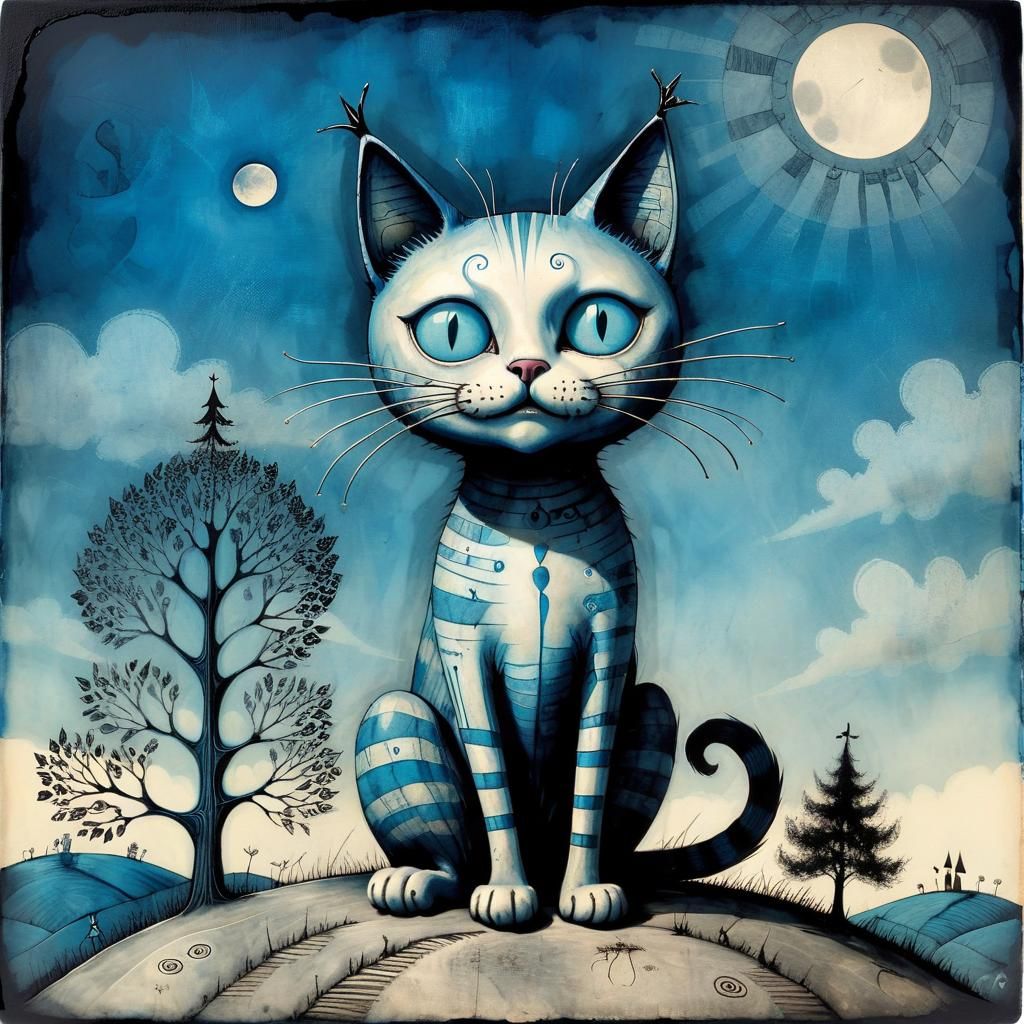 Whimsical Cat on Hill in Art Brut Style