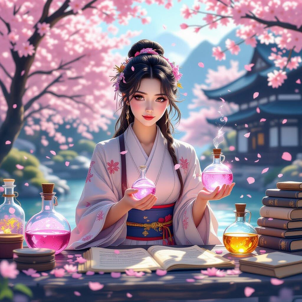 Anime Apothecary Portrait with Glowing Potions
