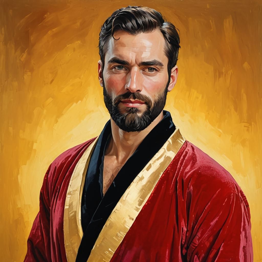 Handsome Man in Velvet Robe: Neo-Impressionist Oil Painting