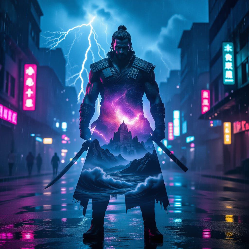 Cyberpunk Warrior with Cosmic Nebula and Ocean Waves