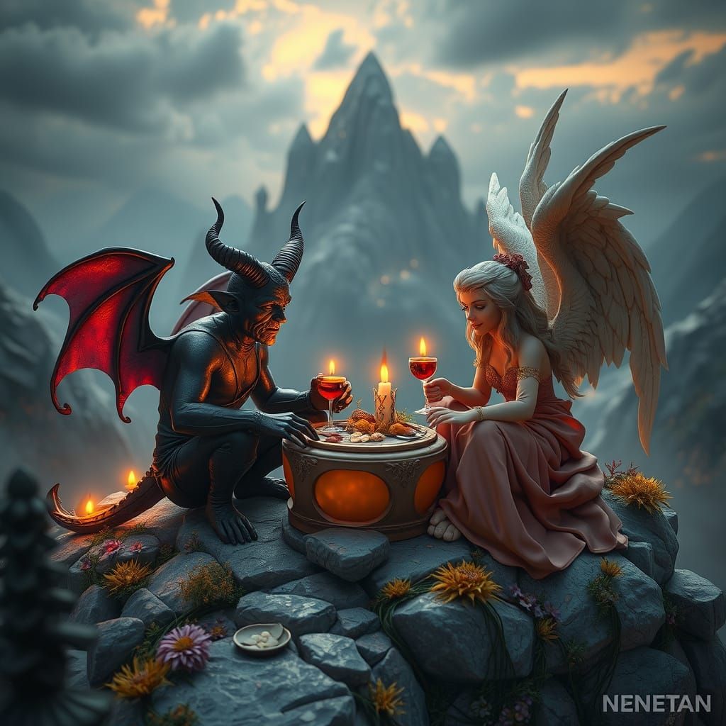 Devil & Angel Picnic on Whimsical Mountain