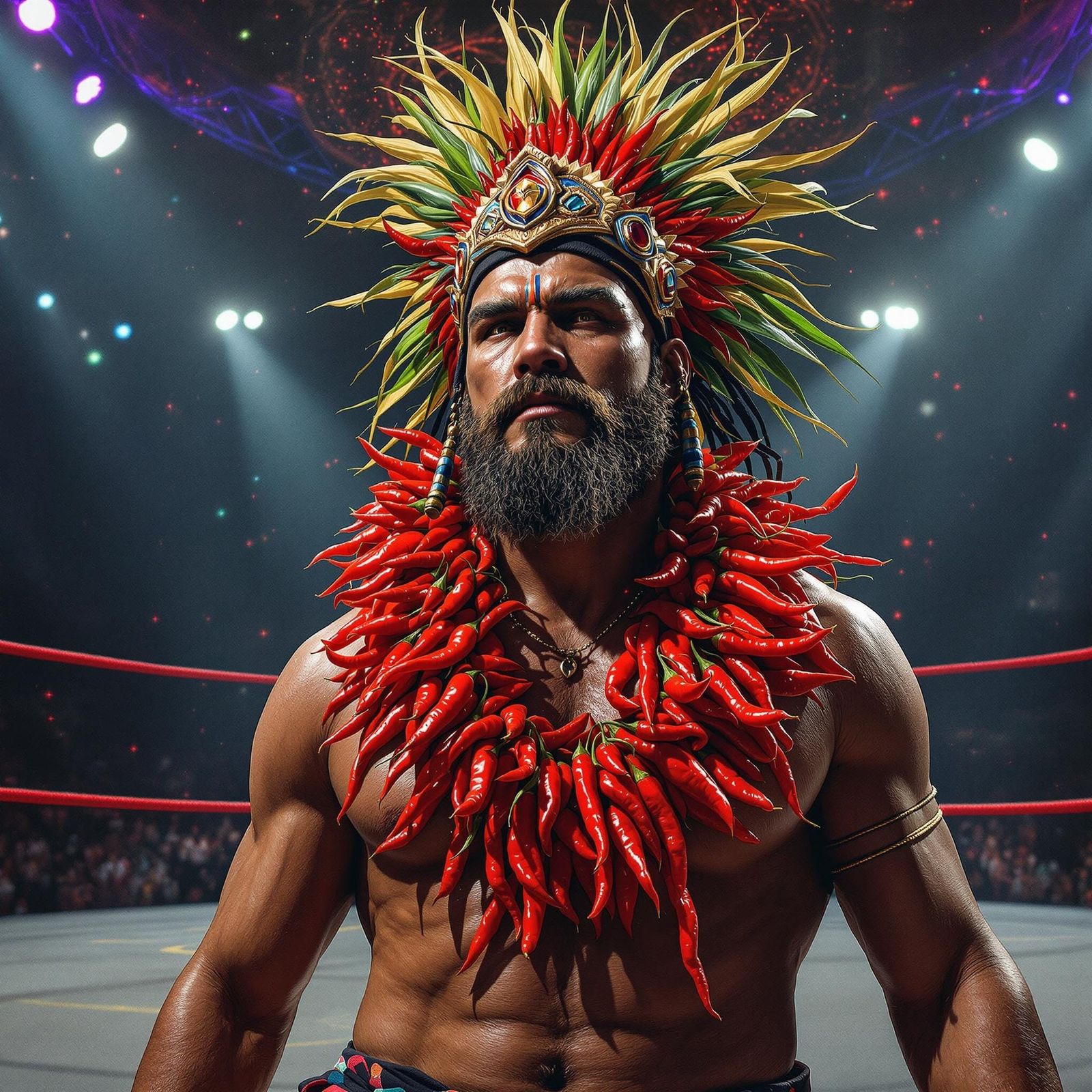 Tribal chief with a red pepper Lei around his neck in a wres...