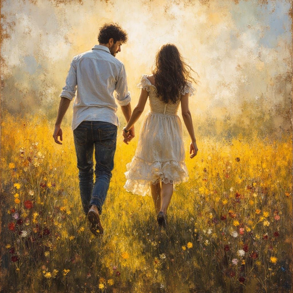 Lovers in Wildflower Field: Encaustic Oil Painting