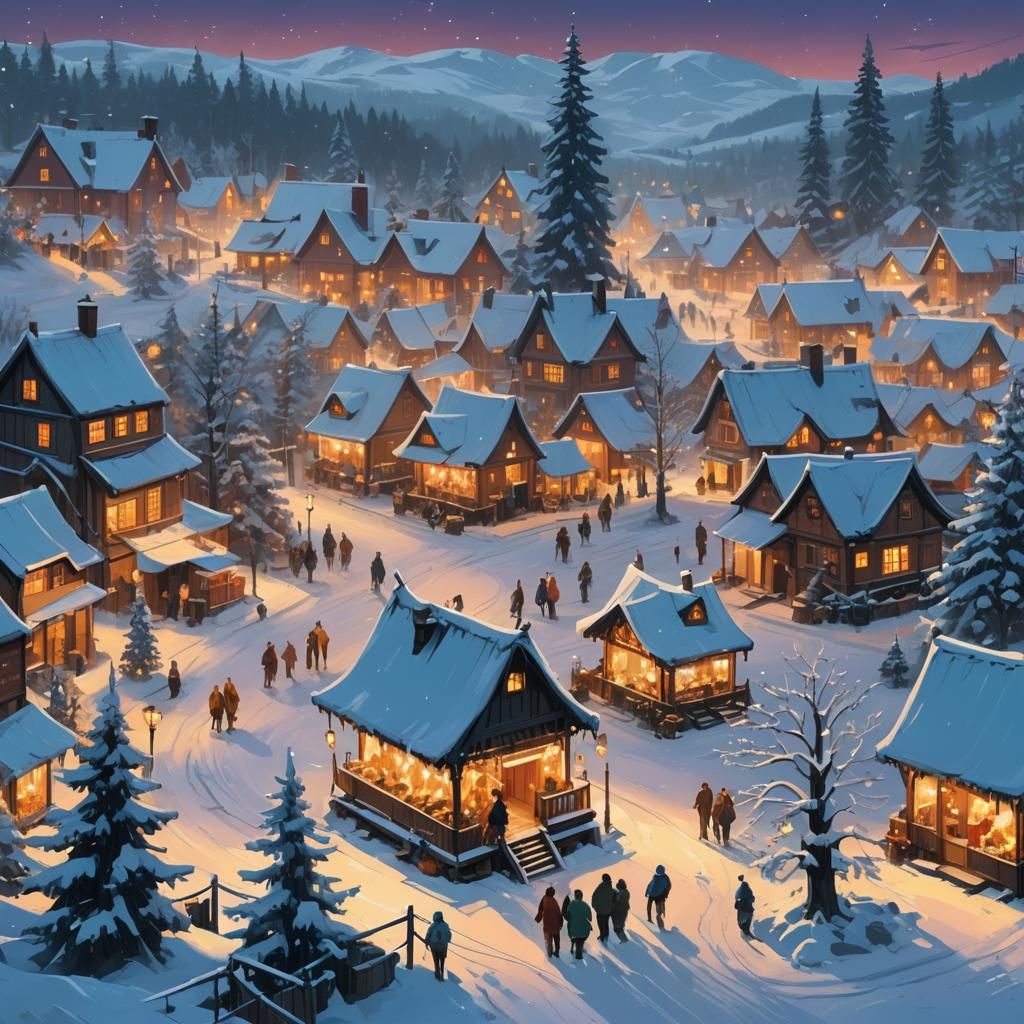 Magical Christmas Village in Snowy Landscape