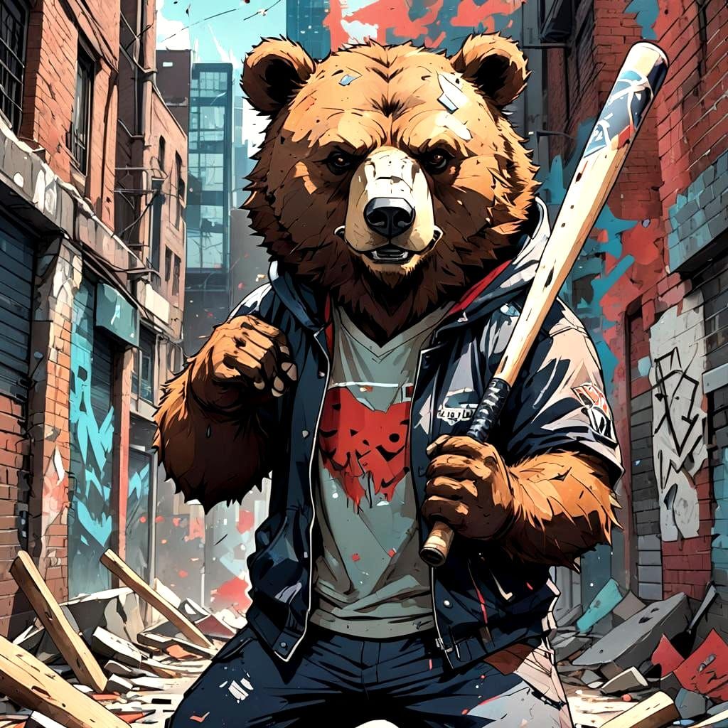 Menacing Bear with Baseball Bat in Anime Style