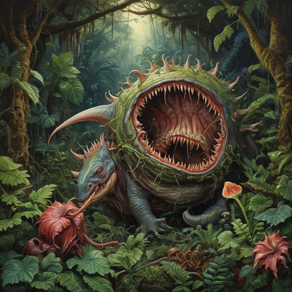 Surreal Venus Flytrap Devouring a Rhinoceros as Oil Painting
