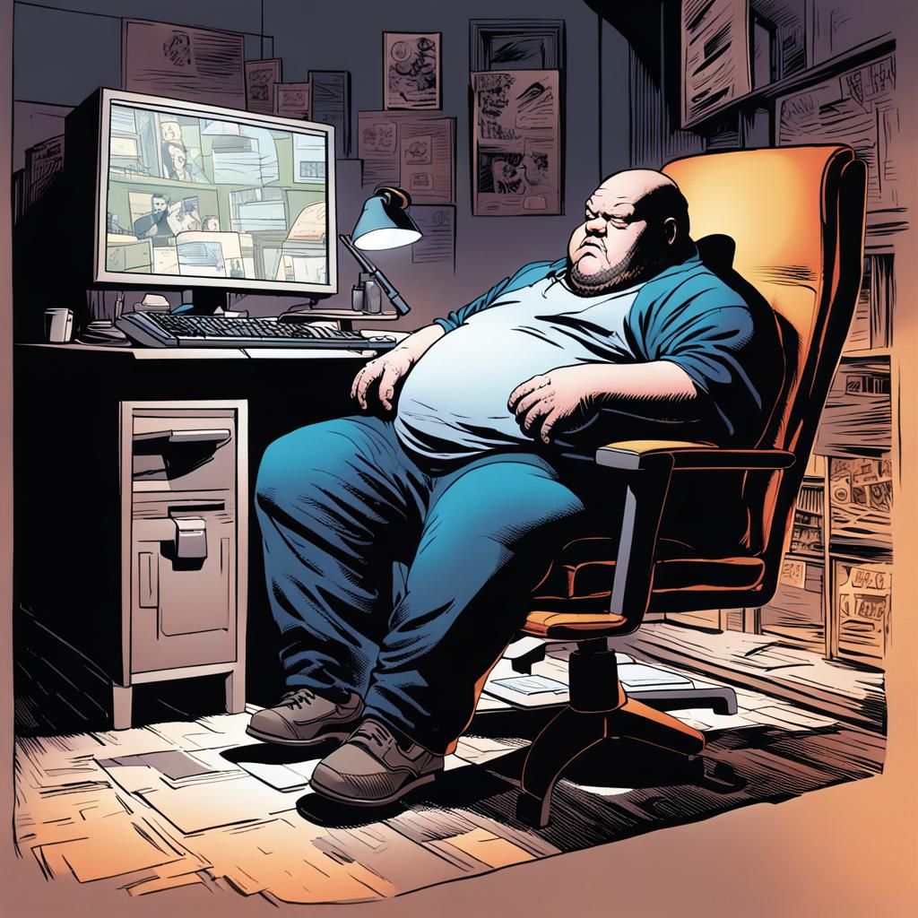 Comic Book Illustration: Man Typing in Dark Room