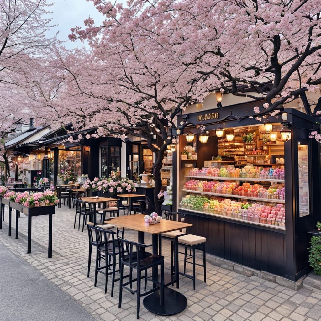 Vintage European Candy Shop Under Cherry Blossoms