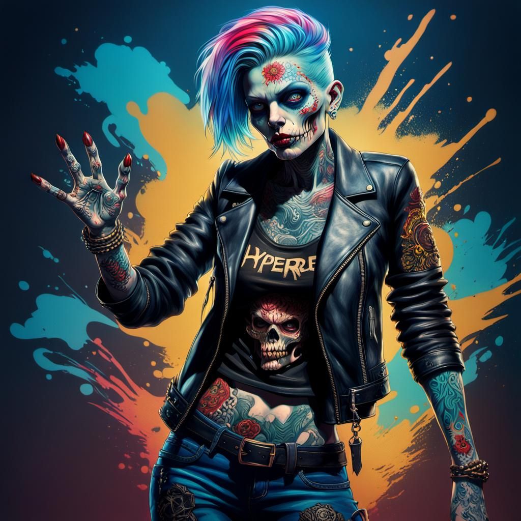 Tattooed Zombie Woman in Leather Jacket, 3D Render