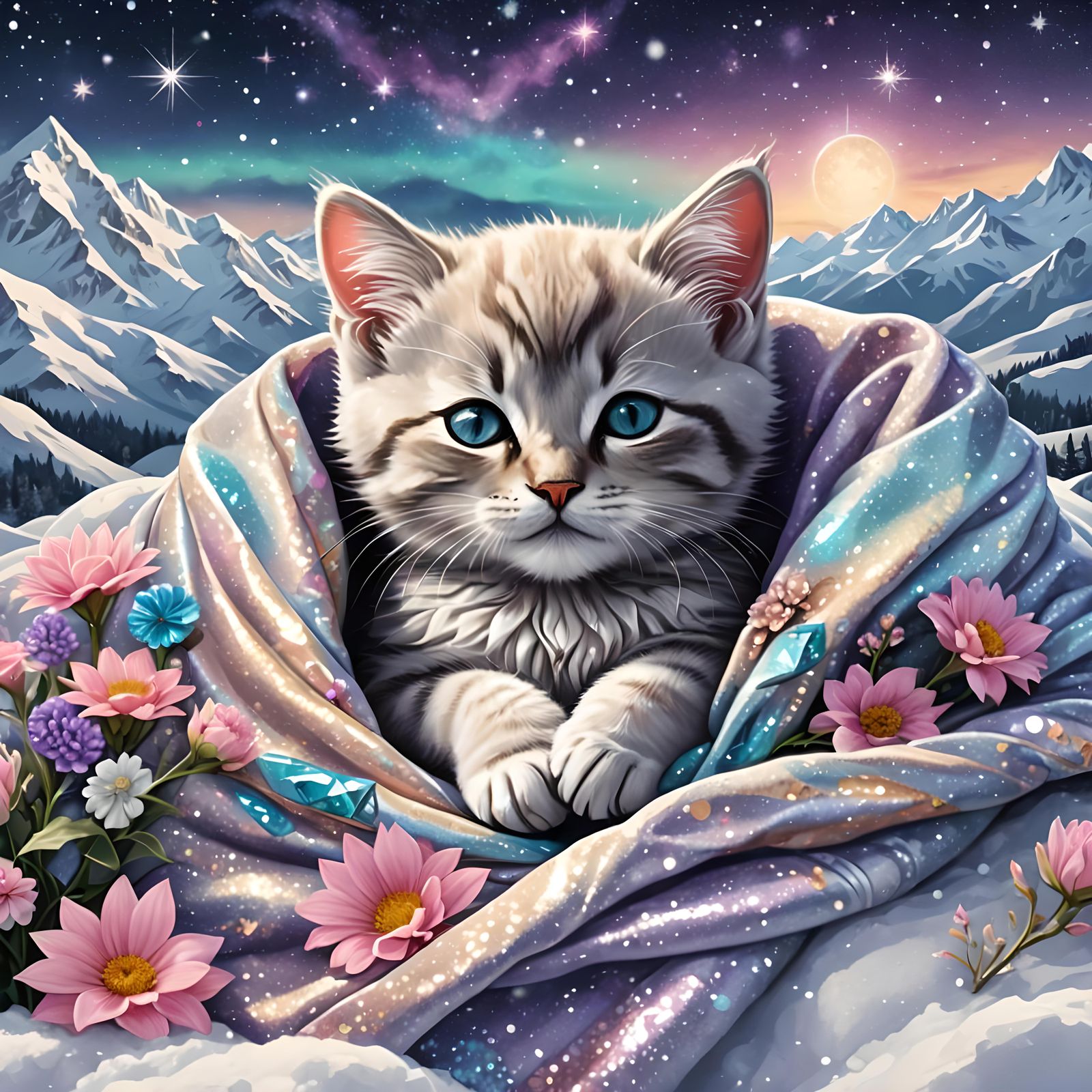 Cute Kitten Sleeping in Snowy Mountains, Astral Illustration
