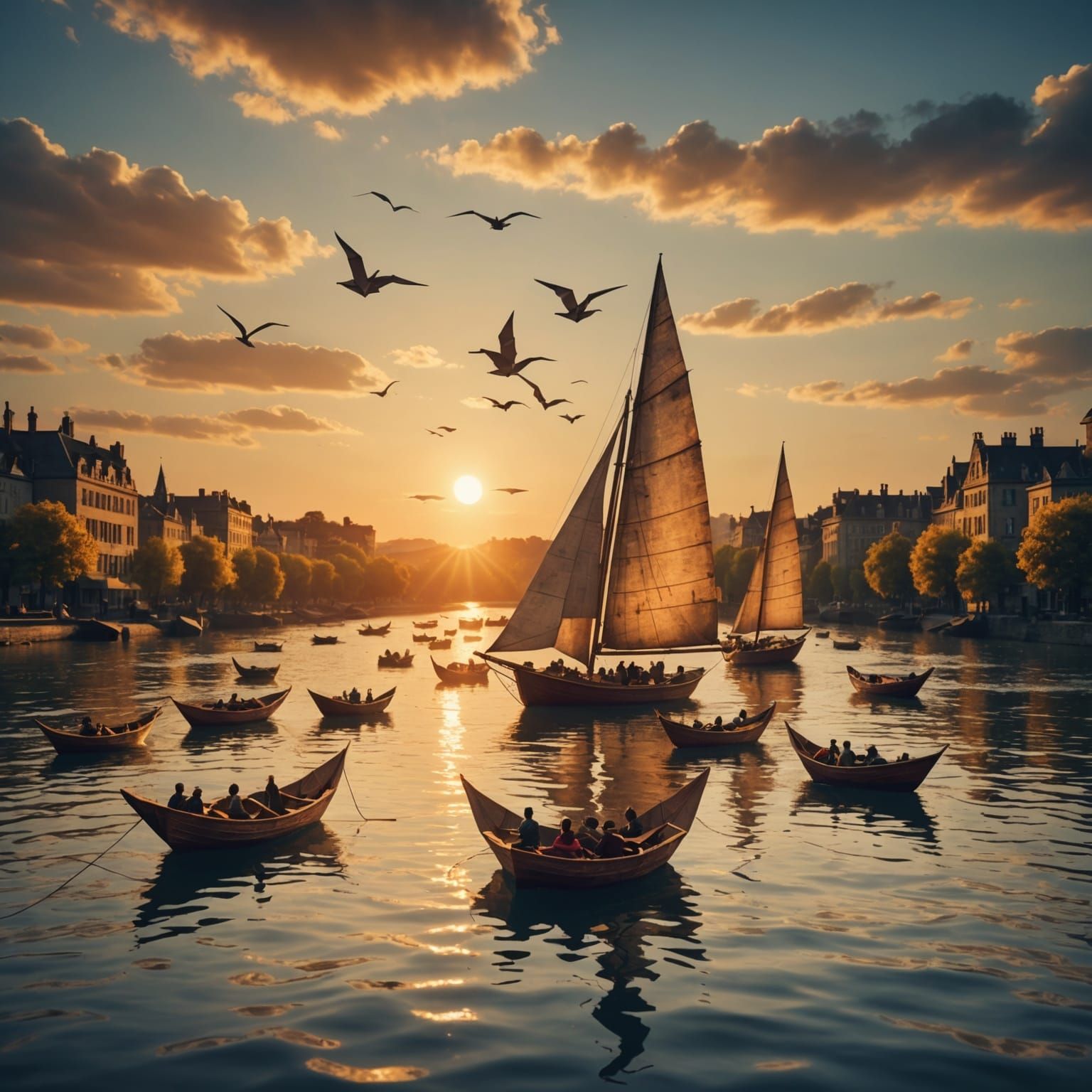 Origami Boats Sailing at Sunset: Digital Matte Painting