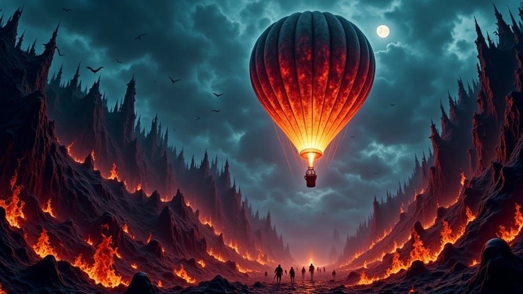 Hot Air Balloon Escaping Burning Canyon of Lost Souls