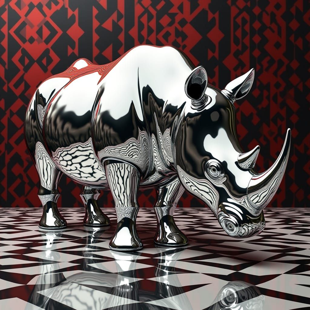 Gleaming Chrome Rhinoceros in Op-Art Style