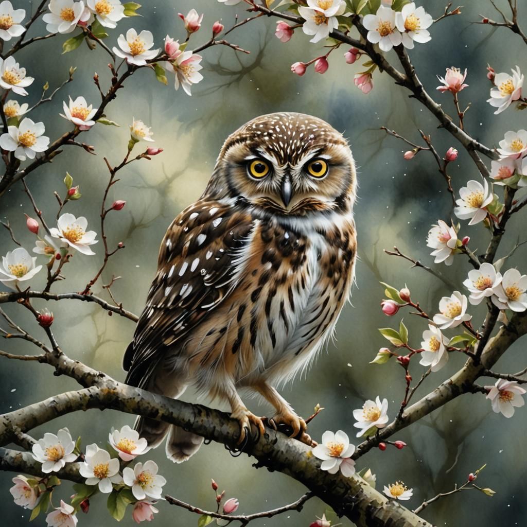 Owl in Blossoming Tree: Watercolor Painting