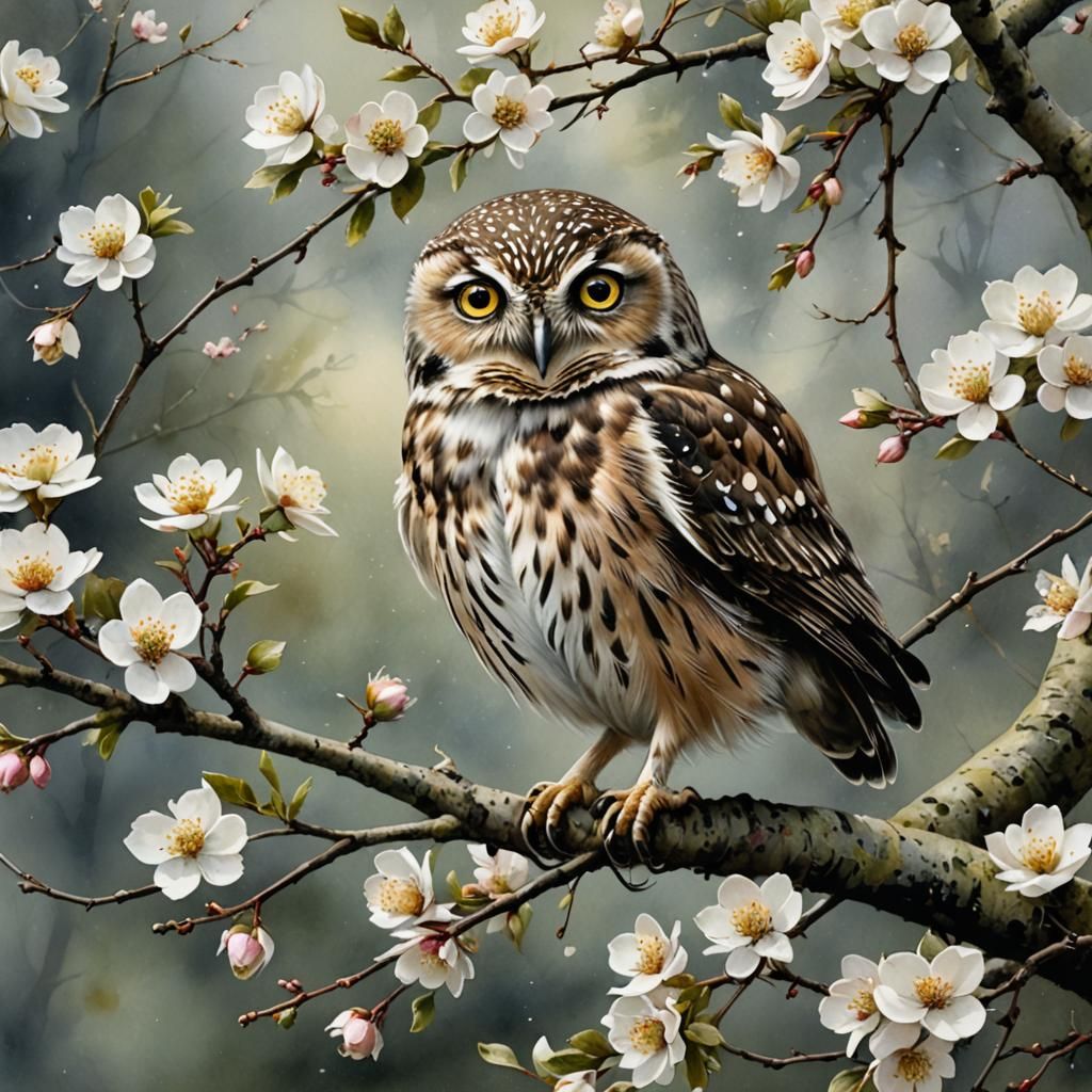 Owl in Blossoms: Watercolor Painting with Intricate Detail