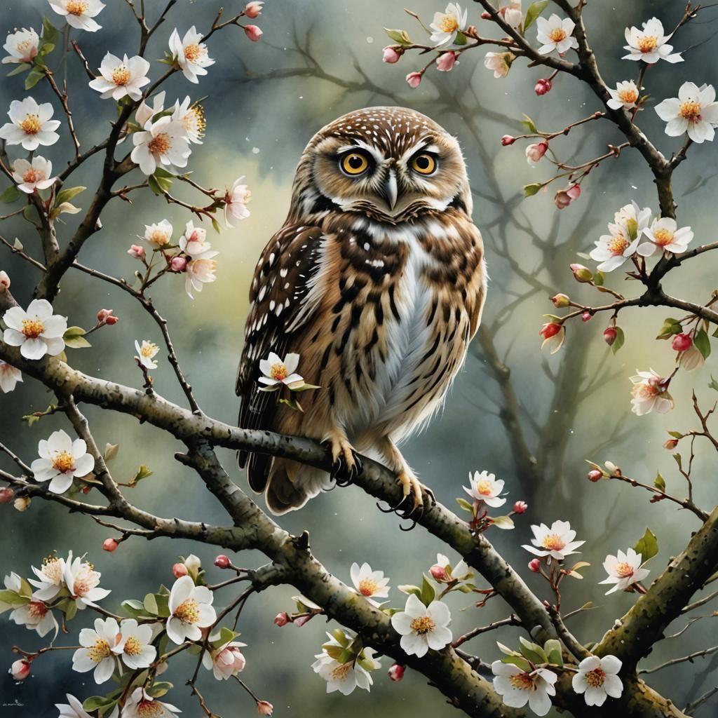 Little Owl in Blossoming Apple Tree, Watercolor Art