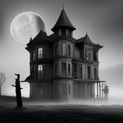 Haunted House with Full Moon in Horror Style