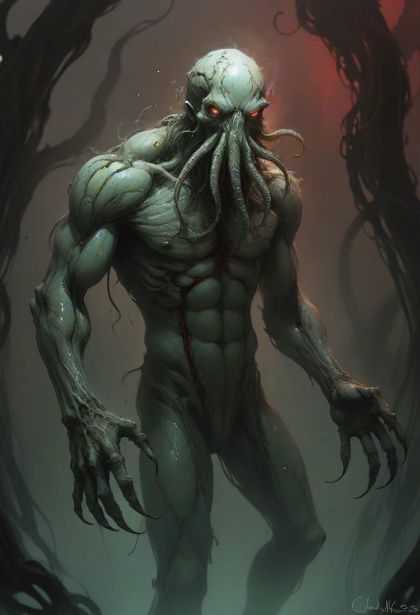 Dark Fantasy Monster Emerges from Misty Ruins