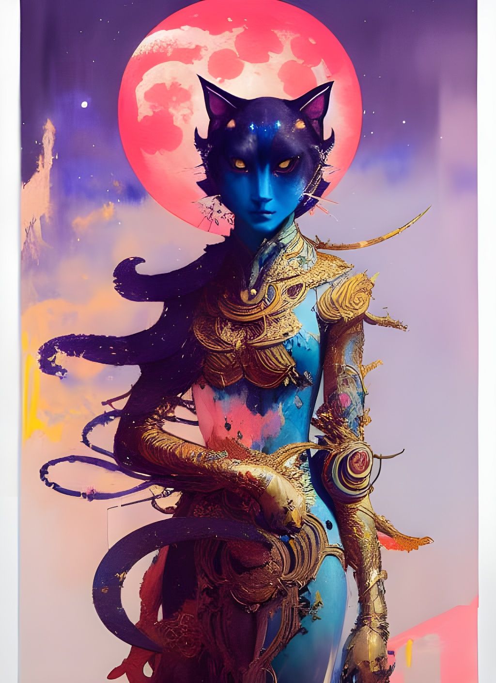 Empress Cat Praying in Ethereal Watercolour Style