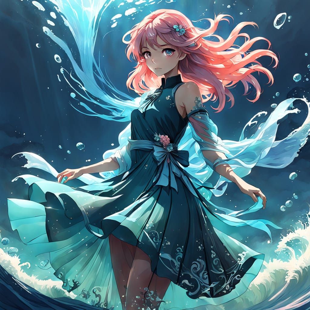 Ethereal Anime Goddess Emerges from Iridescent Sea